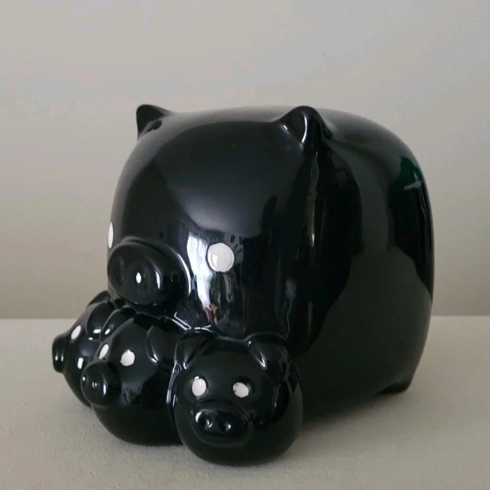 Y2K Piggy Coin Bank Black Pig Mom 3 Baby Pigs Square Whimsical Farmhouse pop art